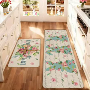 2 count Easter Kitchen Mat Set, Easter Bunny Floral Striped Rug, Non-Slip Soft Low Height, Spring Summer Home Decor, Holiday Cooking and Celebration, Floral Area Rugs
