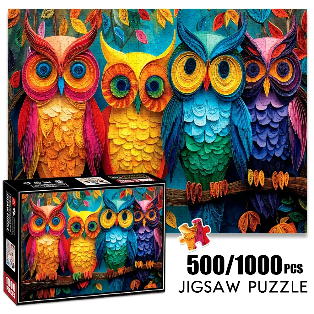 1pc 1000 piece adult puzzle 70x50cm Colorful Owls on Branch with Leafy Background Animal Shape Puzzle 500 pieces of paper jigsaw puzzle, suitable for adults and families, large-scale DIY puzzle interactive toy games,