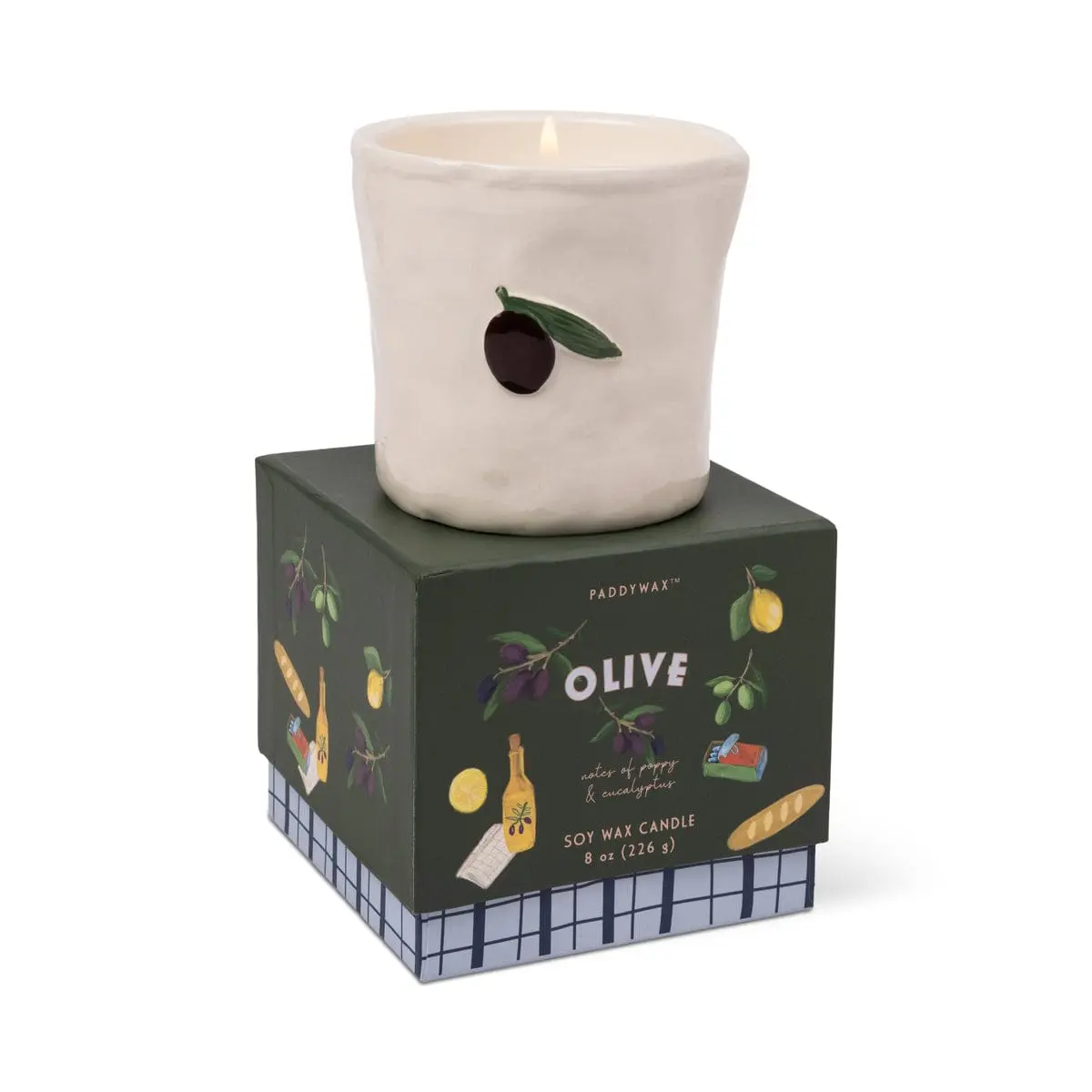 8 oz Scented Fig & Olive Fragrance Bistro Candle - Wood Box, Food Safe Wax, Hand-Painted Icons, Home Decor Item, Ideal Gift for Home Supplies Enthusiasts