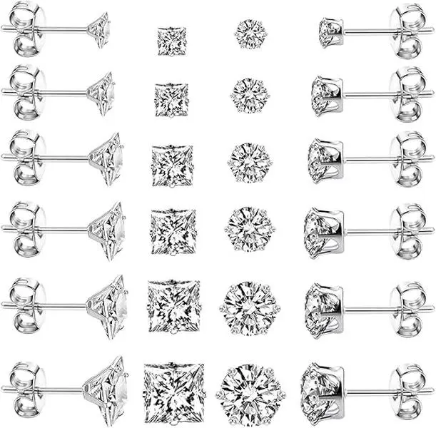 12 Pairs Stainless Steel Stud Earrings For Women Men Girls Hypoallergenic Silver Earrings Sets For Women Multipack Cubic Zirconia Earrings Studs - Home Improvement.
