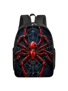 Red spider pattern printed 16-inch round front bag Trendy Backpack