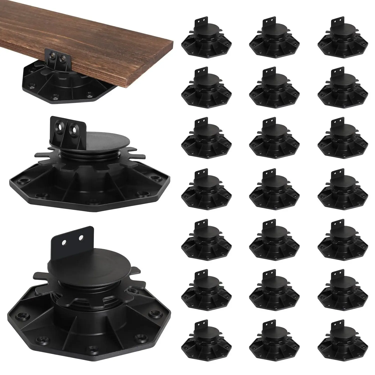 24 Pack Adjustable Deck Support Pedestals, Shed Foundation Base Blocks for Floor Raising 1-3/16" to 2-3/8", Plastic Joist Supports for Outdoor Anti-Corrosive Wood, Black