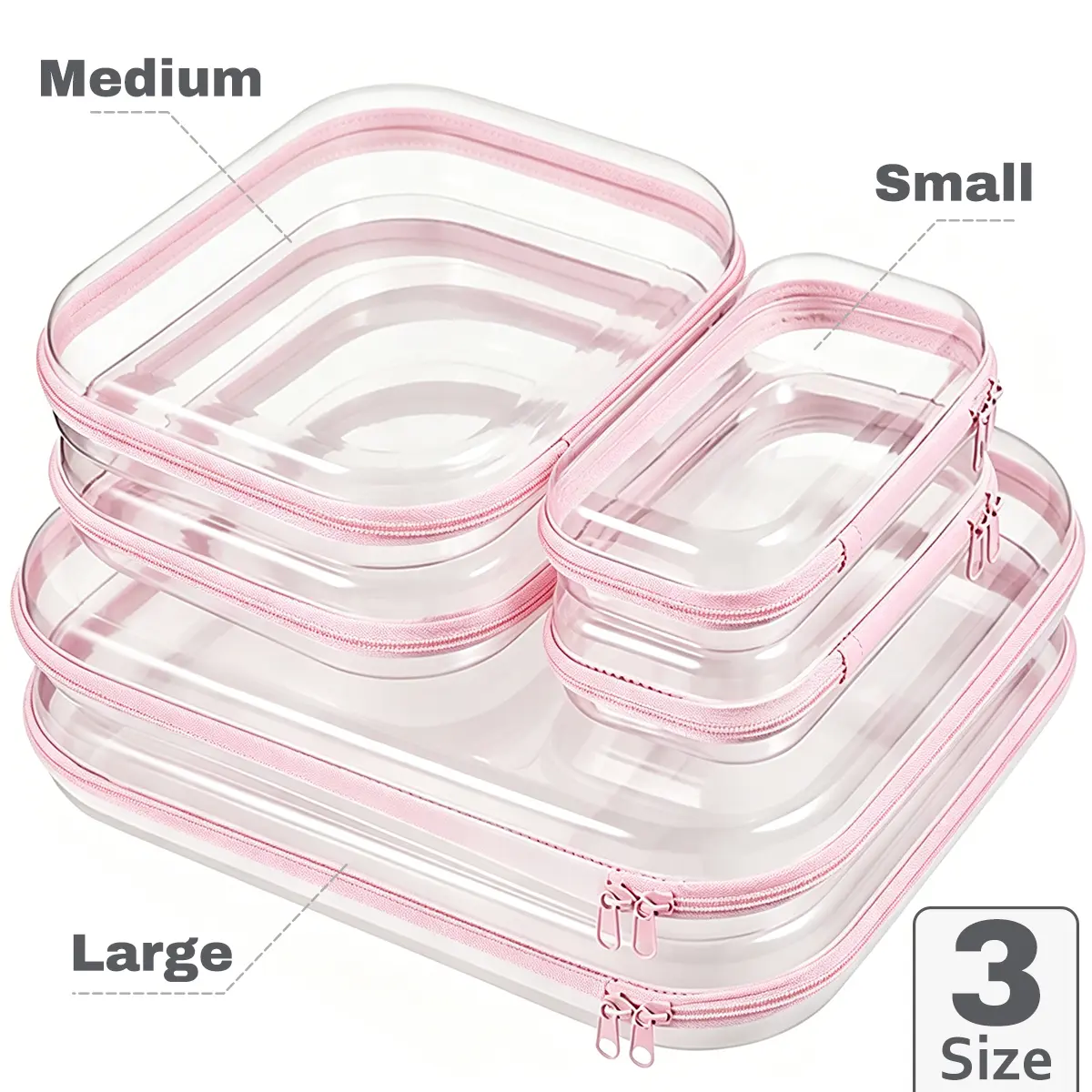 6Pcs White Pink Clear Hard Shell Zipper Case Plastic Zipper Pouches Transparent Makeup Bag for Tools Small Objects Girl Stuff Portable Travel Organizer Set Jewelry Box Toy Storage Bins Trinket Storage Organizer Box Large Medium Small