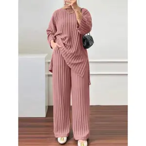 Women’s Long-Sleeve Blouse and Wide-Leg Pants Matching Set – Solid Color Islamic Outfit/Muslim Tracksuit, 2 Pieces