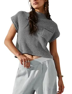 Women's Hand-Knit Lightweight Sleeveless Solid Polyester Vest - Casual Rib Pullover with Pockets, Hand-Knit/Lightweight/Pocket Women's Tops, Hand-Knit Women's Vests, Lightweight Women's Vests
