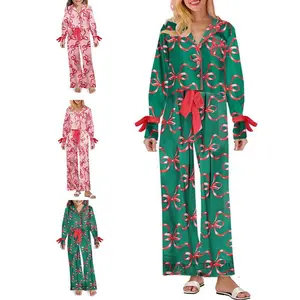 Mommy and Me Matching Christmas Pajamas Bow Print Lape Long Sleeve Button Down Tops and Drawstring Pants Sleepwear