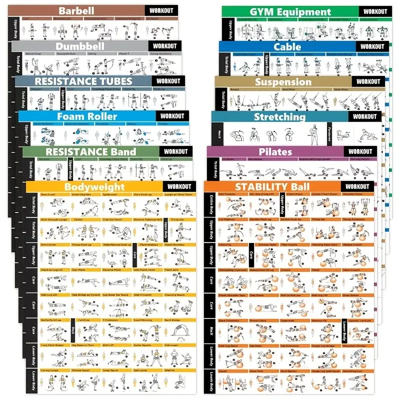 12-Piece Fitness Poster Set, Dumbbell Yoga Stretch Foam Roller Exercises, Artistic Creative Design Picture Image Prints Graphic Prints Gym & Home Workout Decor, Frameless Wall Posters, 20.32x25.4 Cm, Decoration