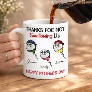 Personalized Mom Mug – “Thanks For Not Swallowing Us” Funny Coffee Mug with Custom Kids Names, Mother’s Day Gift for Mom, Mama, Nana