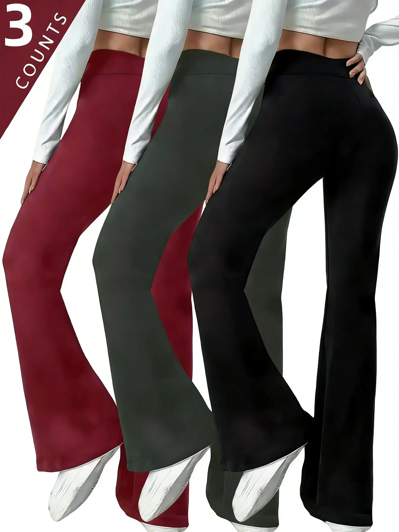 Women's Fleece-Lined Pants, 3 Pack High-Waisted Stretchy Wide Leg Bottoms, Comfortable Plain Lounge Trousers, Fitted, Basic Casual, All, 3 Counts, 3Pcs, Stretchy Fit