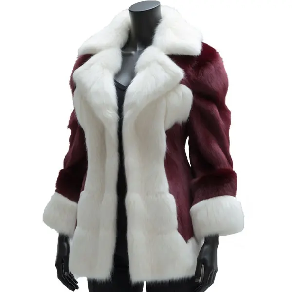 Women's Two-Tone Fur Coat – Burgundy & White Plush Winter Jacket with Wide Lapel
