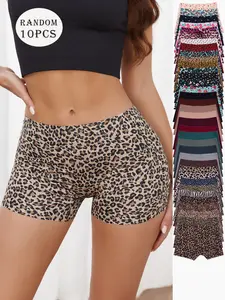 Women's Leopard Pattern Fitted Casual Underwear Set, Seamless Panties Set, Random Color Pack of 10, Comfortable Ice Silk Seamless Design, All-Season Wear