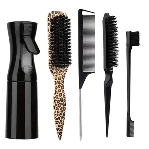 5 Pcs Hair Styling Tool Set Heatless Styling Tools with Spray Bottle, Leopard Print Hair Brush, Soft Bristle Beard Brush, Eyebrow Brush, Pin Tail Comb, Edge Brush, Hair Smoothing & Shine Restoring, Barber Accessories, Salon & Travel Essentials