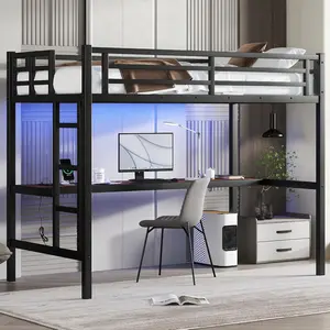 Twin XL Loft Bed Frame with Desk and Charging Station(USB Port & Outlets), Twin XL Loft Bed with RGB LED Light, Heavy Duty Metal Loft Beds for Adults, Teens, Noise Free Design, Space Saving(Black)