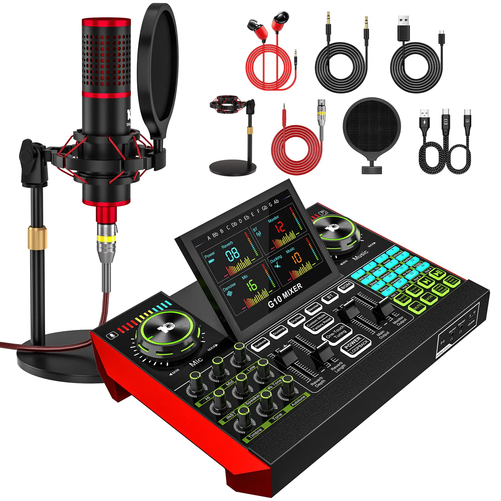 Tenlamp G10-M18 Audio Mixer, Live Sound Card with XLR Input, 48V Power, One-Touch Noise Reduction & Voice Changer for Podcast Recording, Streaming, Gaming, Vocal,back to school,back to school haul