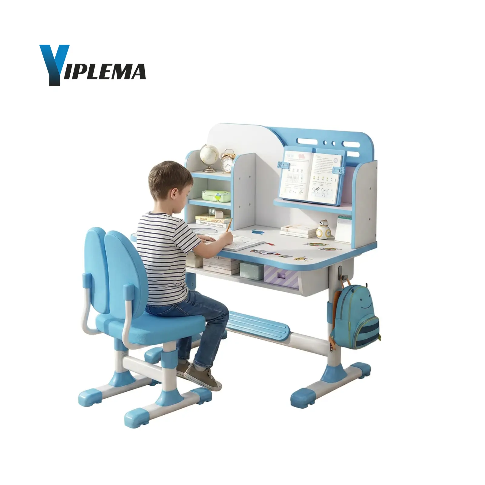 【Summerfinds】YIPLEMA Kids Ergonomic Desk and Chair Set, Height Adjustable School Study Table with Bookshelf, Drawer and Spine Support Backrest, Kids Desk and Chair for Bedroom&Study Room