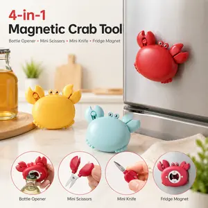 4-in-1 Magnetic Crab Bottle Opener, Cute Fridge Magnet Kitchen Tool with Mini Scissors & Package Cutter, Portable Bottle Cap Opener for Snack Bags, Packages, Home Kitchen, Bar, Picnic, Party