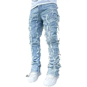 Men Stacked Jeans Skinny Black Ripped Patchwork Denim Pants
