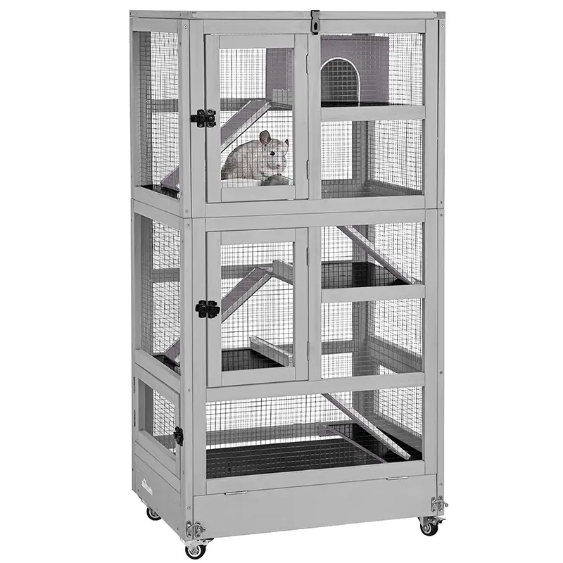 Aivituvin-AIR38-1 5-Level Wooden Small Animal Enclosure - Sturdy, Spacious, Chew-Resistant Habitat with Mesh, Aluminum, Easy Moving, Ventilation for Ferrets/Chins & Multi-Level Play, Cage