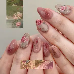 Rose Oil Painting Lolita False Nails Almond Shape Press-On Nail Art, Vintage Floral Retro Style, Gentle Watercolor Design