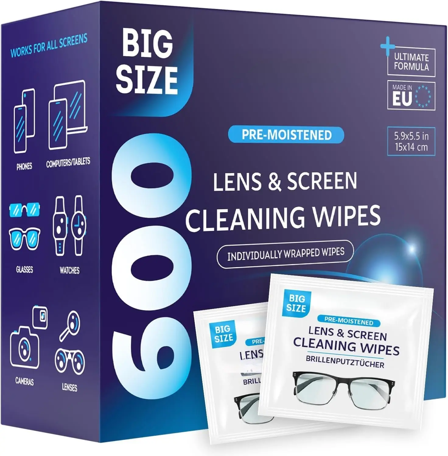 Glasses Wipes Lens er - Lens Wipes for Eyeglasses - 600 Pre-moistened Individually Wrapped Wipes for Eye Glasses, Electronics, Phone, Computer, Laptop Screen - Camera Lens er -  EU