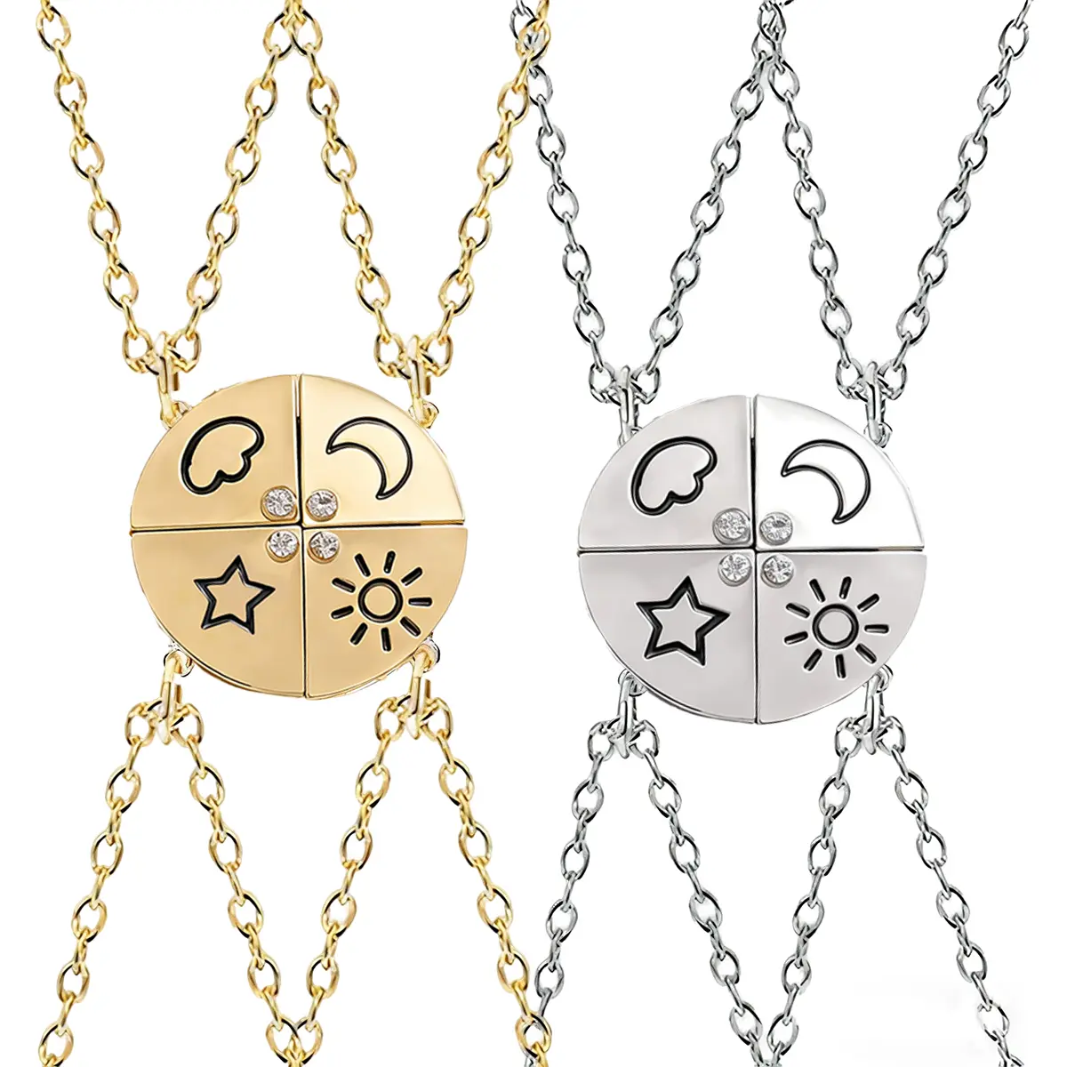 Matching Sun, Moon, Star & Cloud Necklace Set for 4, Magnetic Friendship Puzzle Necklace, Bestie & Sister Jewelry, Gold/Silver Design, Perfect Birthday Gift for Best Friends, Customized Puzzle Piece Gift for 4