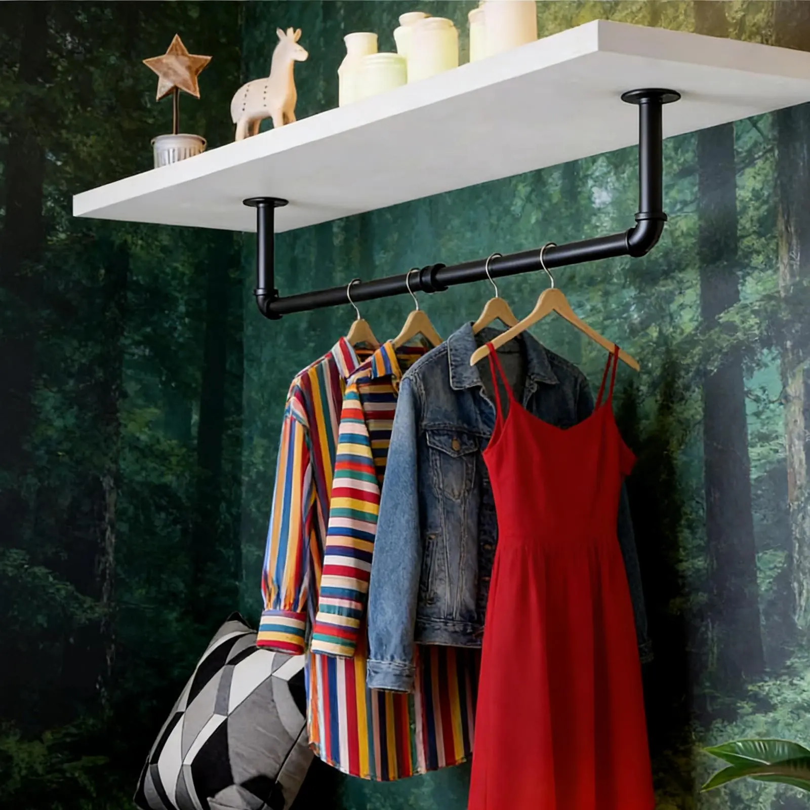 SURUI Industrial Heavy-Duty Metal Pipe Wall-Mounted Hanging Rack (Clothes Rack Stand) - 36/72 in, Laundry Room/Garage/Office Organizer for Hangers, Irons, Accessories, 20-25 Kg Capacity, Easy Installation for Bedroom Tidy Zone