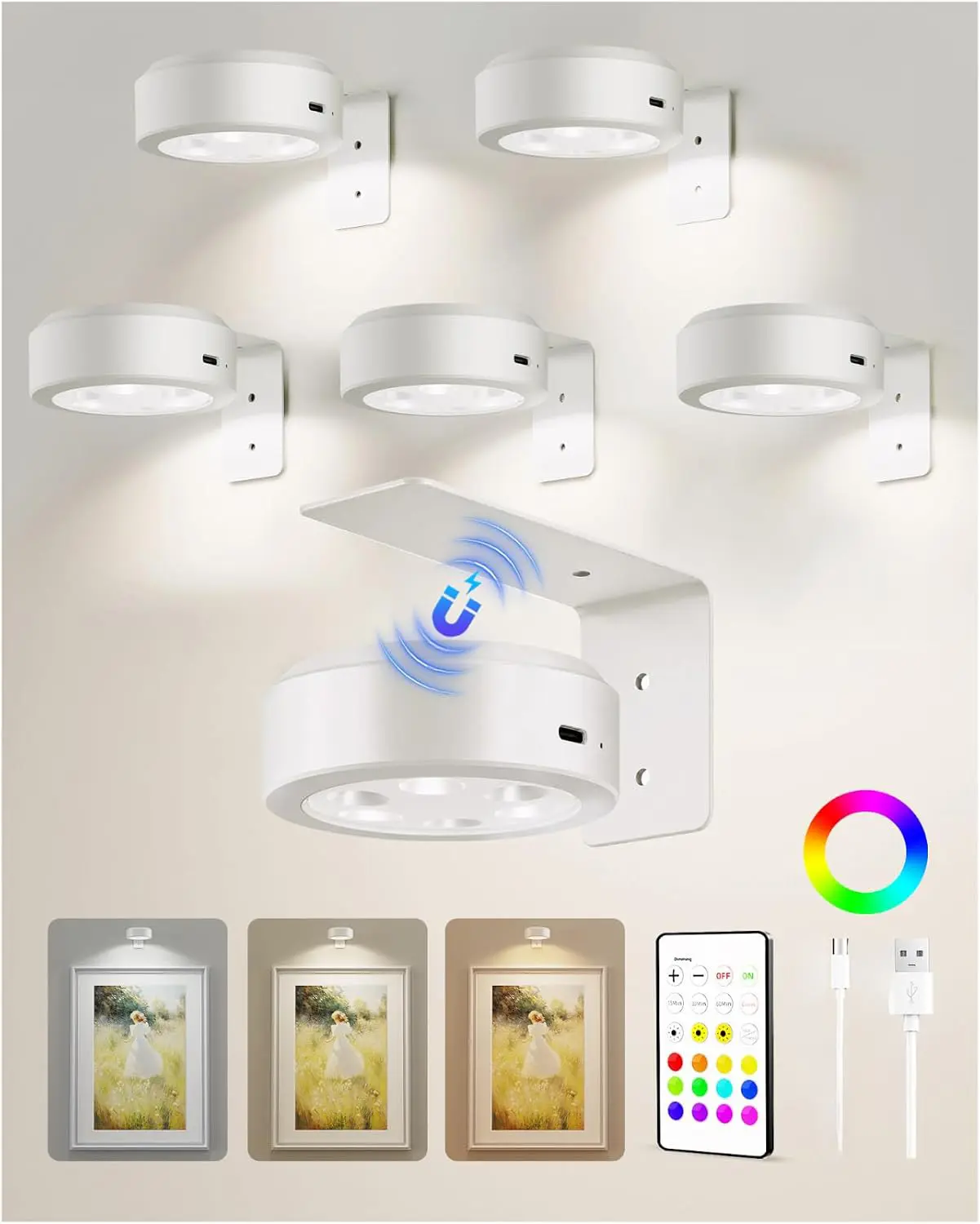 Picture Lights for Wall, 2000mAh Rechargeable Battery Magnetic Poster Lights with 3 Color Temps & 12 RGB, Remote Dimmable Timer Painting Light, Wall Decor Light for Art Display, Frame (3/6 Pack)