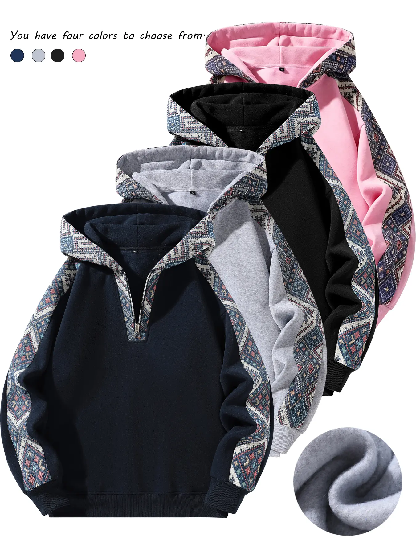 Men's Hoodie, Casual Patterned Fleece Sweatshirt with Full Zipper, Long Sleeve Loose-Fit Polyester Clothes