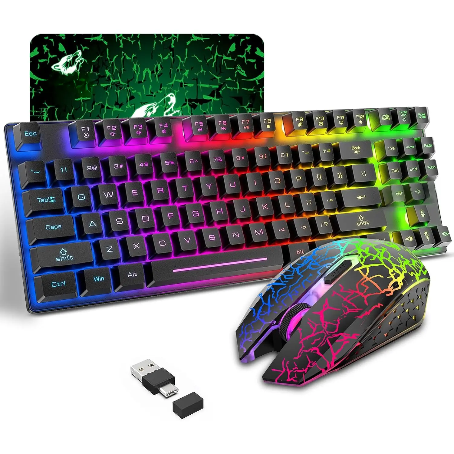87-Key Tenkeyless Gaming Keyboard and Mouse Set, RGB Rainbow LED Backlight, Rechargeable 3800mAh, Anti-Ghosting, Mute, Adjustable ABS Build, OS 2.0 Compatible for PC Gamers (Black)