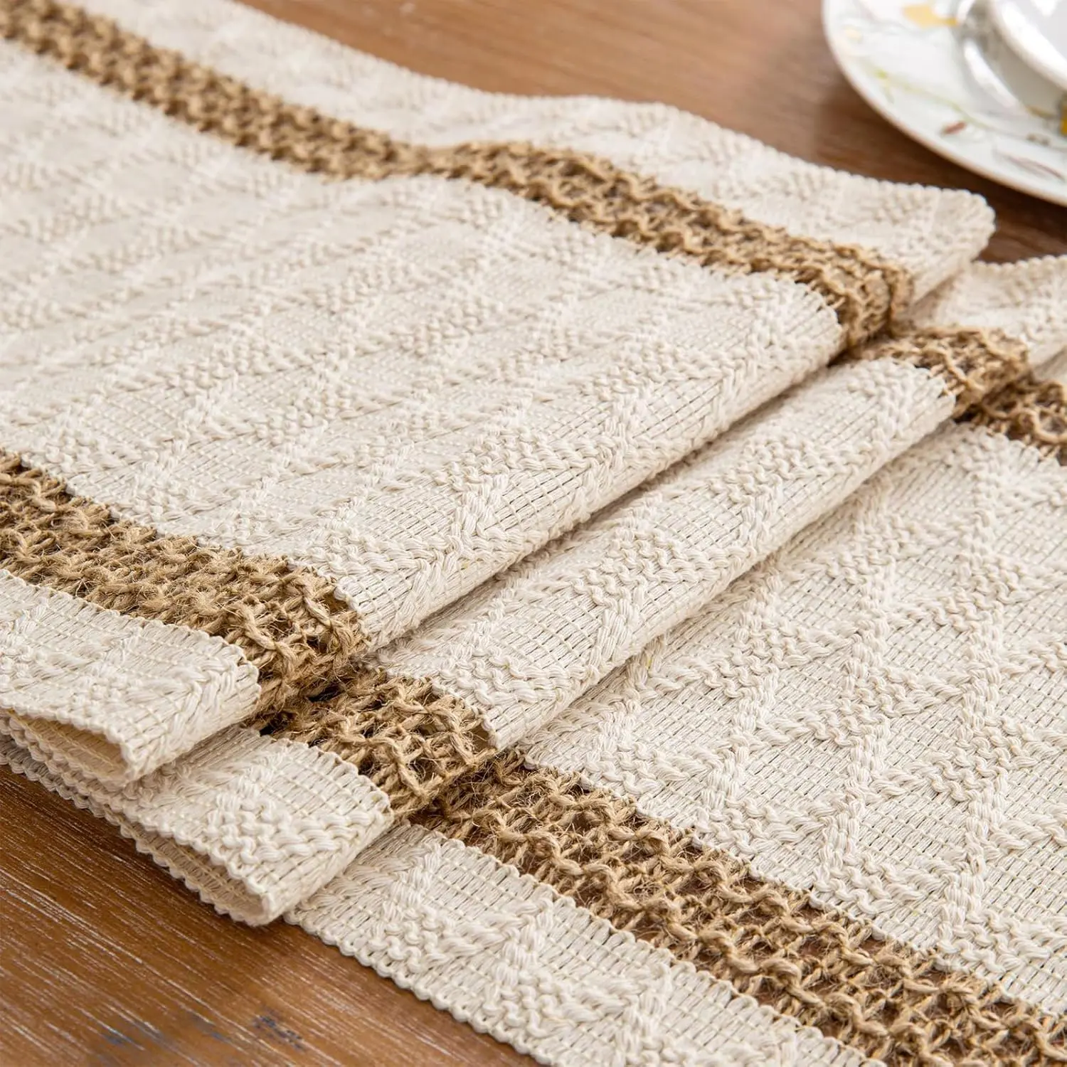 Boho Table Runner for Valentine's Day Home Decor 72 Inches Long Farmhouse Macrame Easter Table Runner Cotton Linen Woven Table Runners for Spring Dining Table Decoration, Beige & Brown