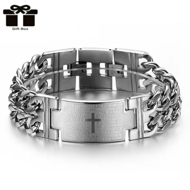 Gothic Cross Bracelet for Men, Punk Stainless Steel Chunky Chain with Engraved Bible Verse, Hypoallergenic Spiritual Jewelry, Bible Verse Bracelet, Unique Gifts For Man, Faith Wear Jewelry, Cross-Shaped Bracelets & Bangles