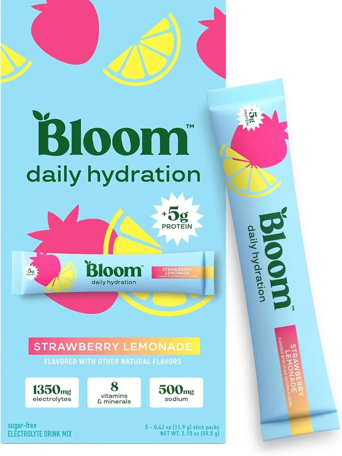 Bloom Daily Hydration Electrolyte Powder Packets with Collagen, 5g Protein, Electrolytes, Vitamins & Minerals, Sugar Free Drink Mix, Strawberry Lemonade, 5 Count
