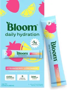 Bloom Daily Hydration Electrolyte Powder Packets with Collagen, 5g Protein, Electrolytes, Vitamins & Minerals, Sugar Free Drink Mix, Strawberry Lemonade, 5 Count
