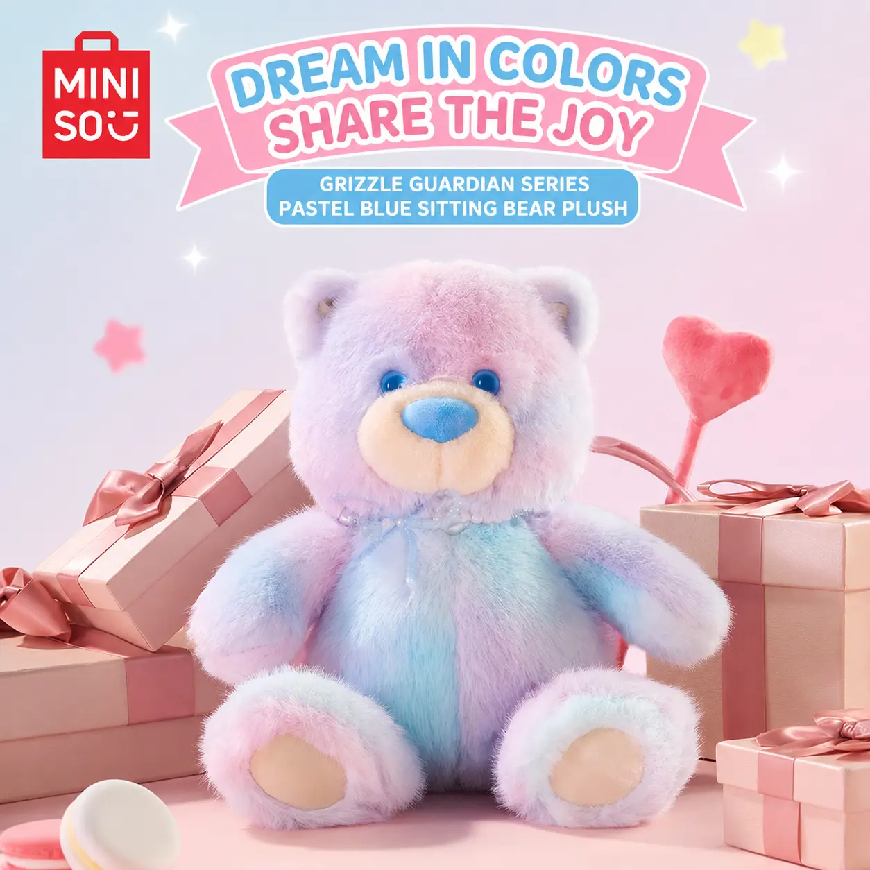 MINISO Gifu Family Series Iridescent Blue Seated Teddy Bear – Cute Teddy Bear Figurine, Birthday Gift for Friends