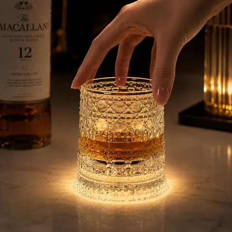 360° Luxury LED Rotating Crystal Whiskey Glass - Elegant Diamond-Cut Texture, Smooth Durable Home Bar Tumbler, Hand Wash Premium Barware Gift for Whisky, Wine