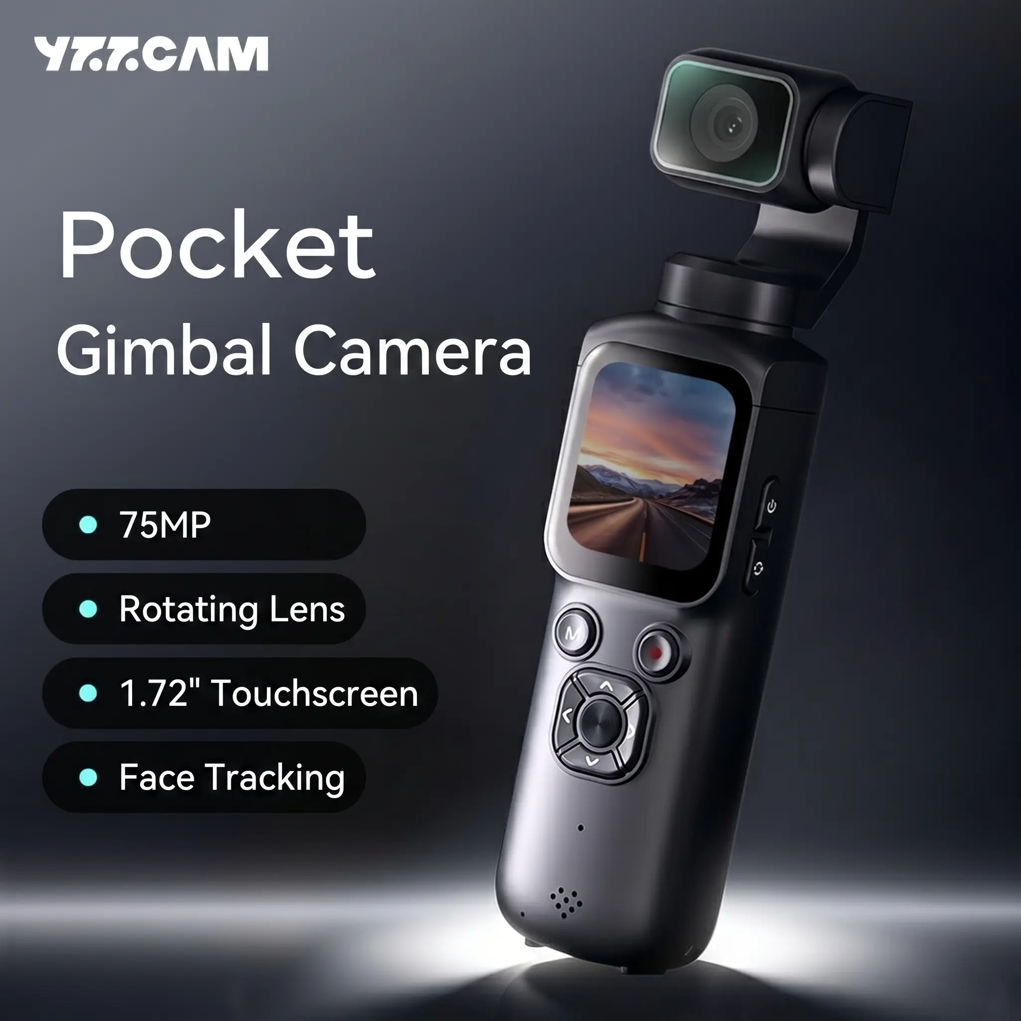 Ultra HD  pocket gimbal camera with a 330° rotating lens, includes a free 32GB memory card, features automatic face tracking, a 1.72-inch touchscreen, 4x zoom, direct Wi-Fi transfer to your phone, and smart beauty filters