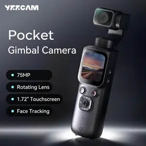 4K Ultra HD 75-megapixel pocket gimbal camera with a 330° rotating lens, includes a free 32GB memory card, features automatic face tracking, a 1.72-inch touchscreen, 4x zoom, direct Wi-Fi transfer to your phone, and smart beauty filters