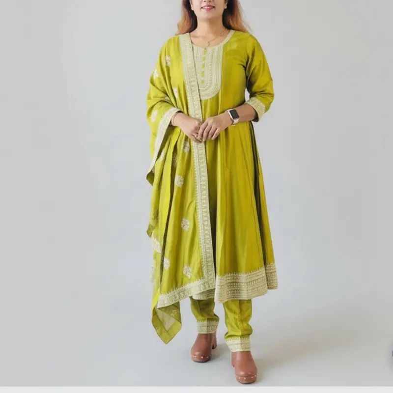 Women's Premium Silk Anarkali Dress with Heavy Work Dupatta - Vibrant Lime Green Casual Womenswear, Ideal for Parties & Special Occasions, Party
