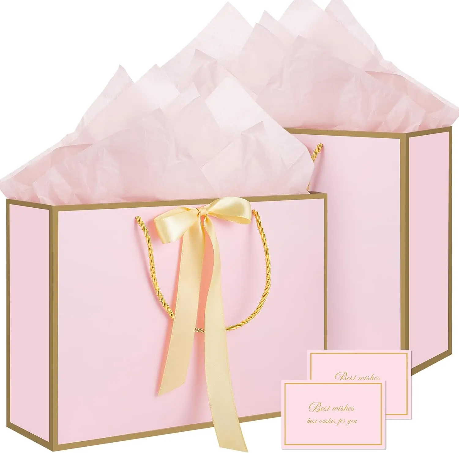Pink Gift Bags with Handles, 14" Medium Gift Bags with Tissue Paper, 2 Pcs Pink Bags with 4 Tissue Paper and 2 Cards for Baby Shower Wedding Bridal Shower Birthday Party