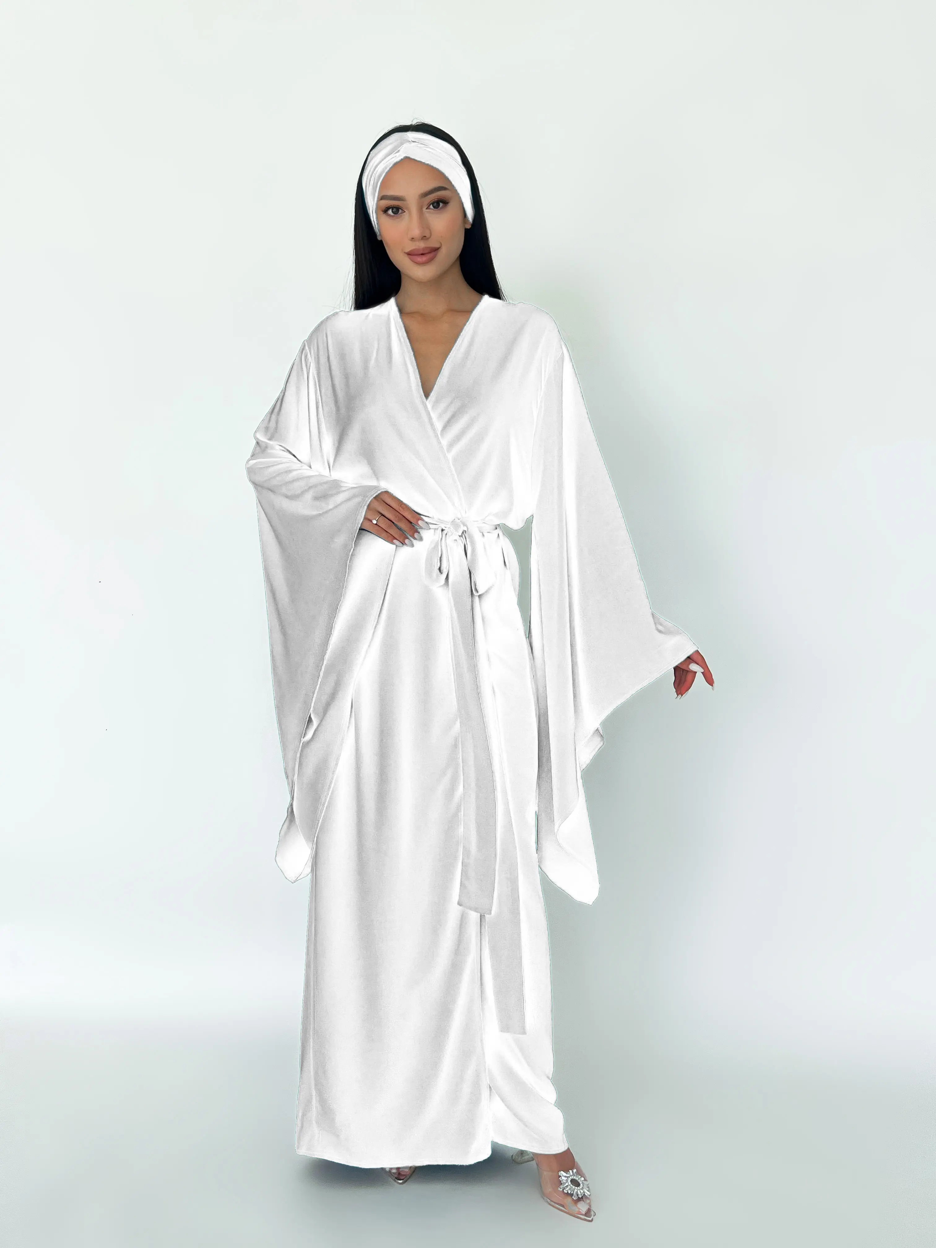 Long Viscose Kimono Robe with Pockets and Matching Headband in White long sleeve comfy  robe