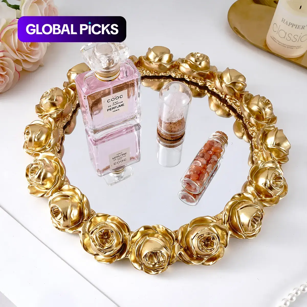 Rose Design Mirror Tray, 1-Count Exquisite Modern Style Desktop Makeup Storage Organizer, Vanity Tray Modern Bathroom Accessory for Home, Office, Dormitory and Bathroom Counter #GLOBAL PICKS