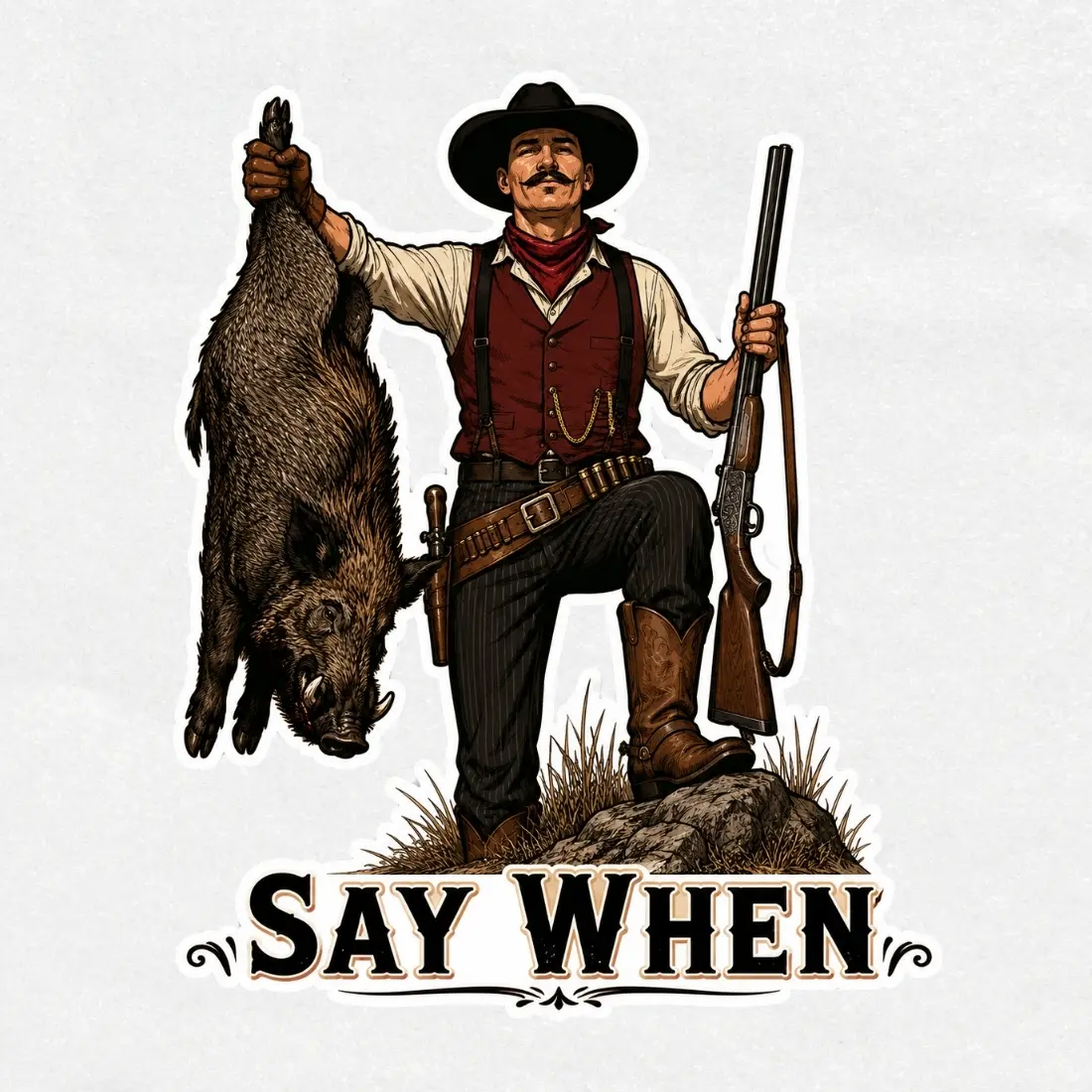 Say When Wild Boar Hunter Vinyl Sticker, Western Hunting Decal, Hog Hunting Cowboy Sticker, Funny Outdoors Waterproof Die-Cut Gift