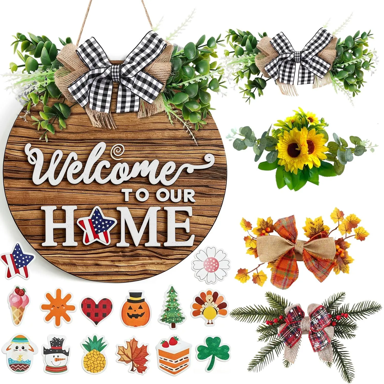 Rustic Round Wooden Interchangeable Seasonal Welcome Sign - Front Door Decoration, Wall Hanging Wreath for Farmhouse Porch, Spring Fall Holiday Halloween Christmas