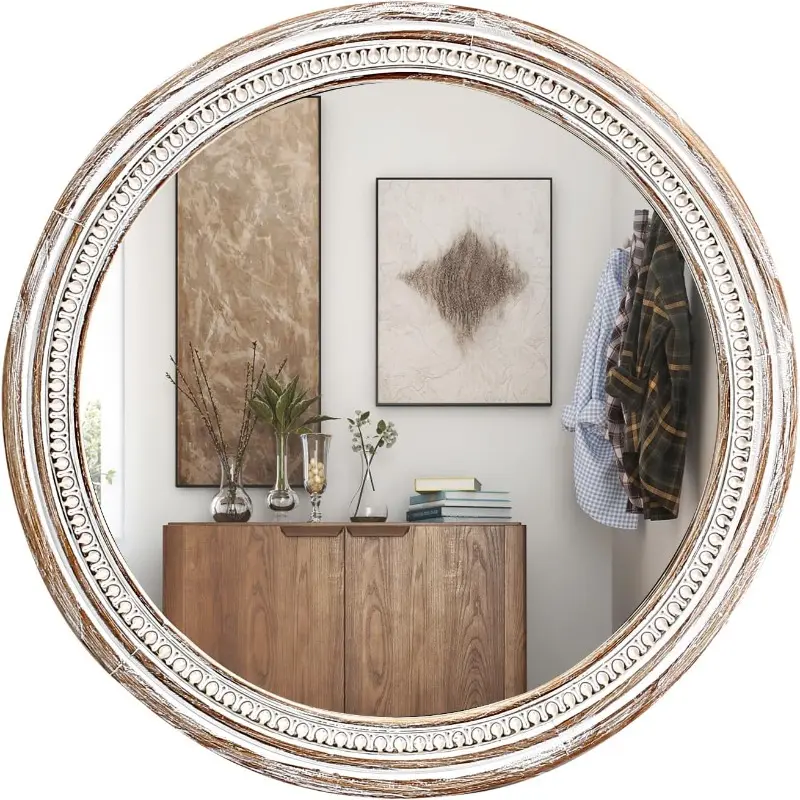 24-in Beaded Decorative Farmhouse Round Wall Mirror - Elegant Rustic Boho Circle 24-inch Arched Reflective Decor for Bathroom, Living Room, Circle 24 In, Room Decor
