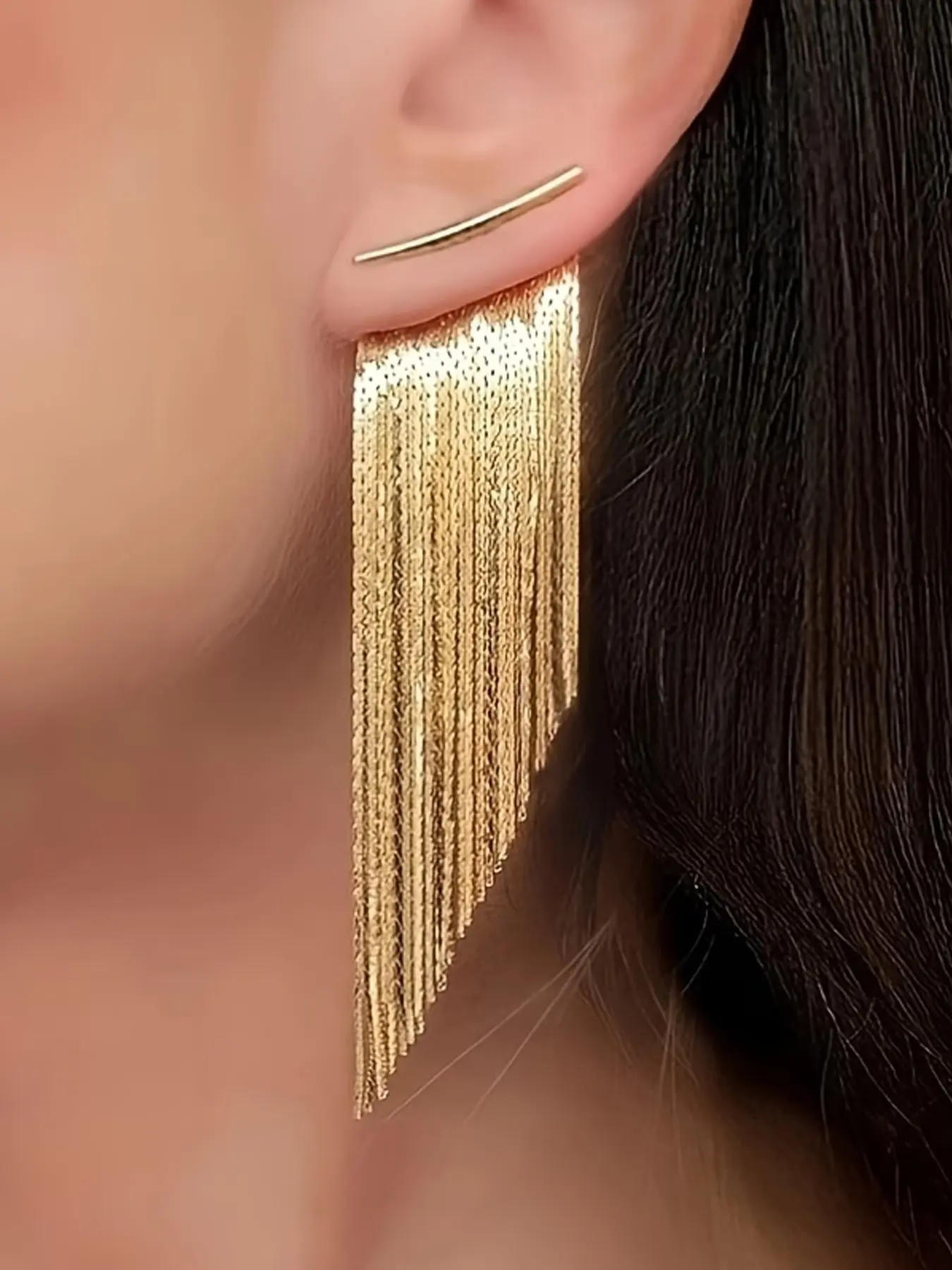 Golden Chain Tassel Drop Dangle Earrings, Elegant Style 14k Plated Jewelry, Trendy Female Gift, Fashion Accessory