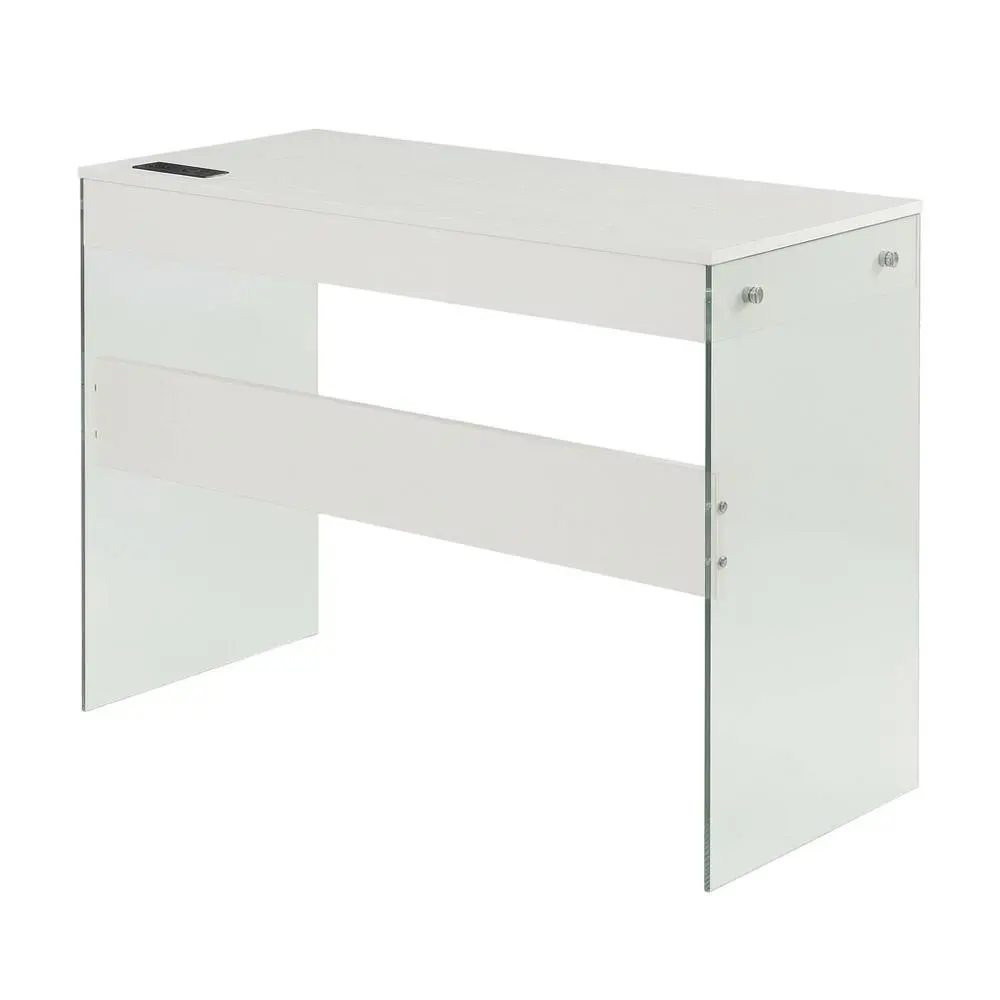 White 42 Inch Glass Desk With Built-In Charging Station And Modern Design