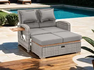 Azure Reclining Chaise Lounge – 5-Position Adjustable Outdoor Daybed, Convertible Loveseat with Cushions & Detachable Pillows, Foldable Teak Side Tables, Hidden Storage Bench