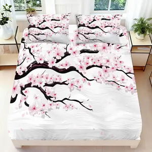 2/3 Pcs 2D Flat Cherry Blossom Print Fitted Sheet Set, Cherry Blossom Bedding Set Quilt Cover 1 Fitted Sheet+ 1/2 Pillowcases, Cherry Blossom Top Sheet Decorative Bedding Bedroom Decor