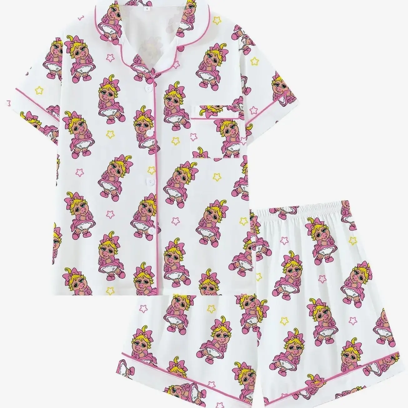 Women's Cute Piggy Print Loose Loungewear Pajama Set, Short Sleeve Open Front Two-Piece Sleepwear, Cartoon Piggy Pajamas with Trim