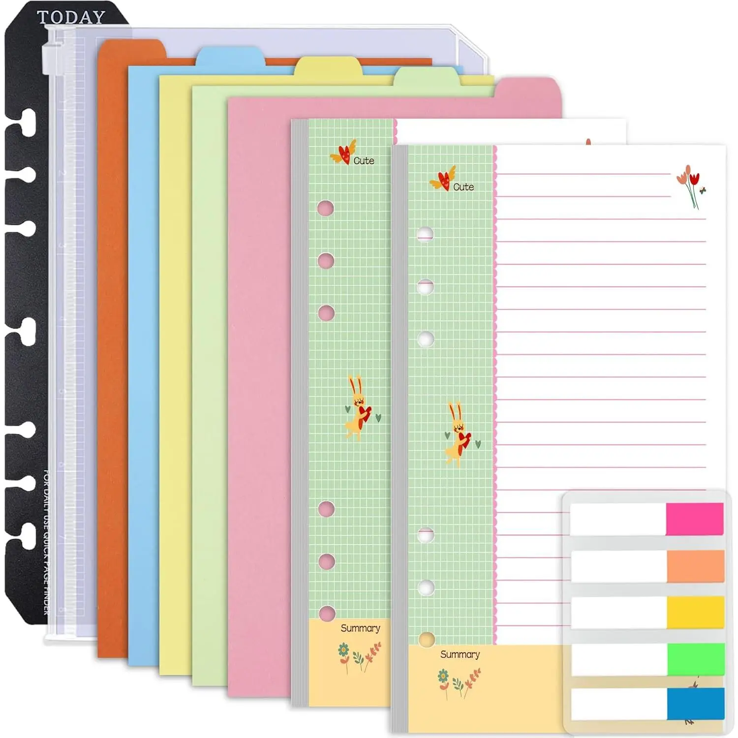 Cornell-Note Taking-System A6 Planner Refill Paper, 90 Page Colorful 5R Cornell Notes 6-Ring Binder Loose-leaf Inserts w/Zipper Pouch, Binder Divider, Ruler, Index Tab, College Ruled, 6.9x3.7"